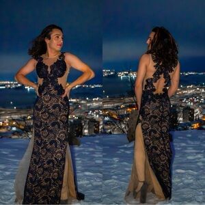 Jovani Navy and Cream Backless Lace Dress